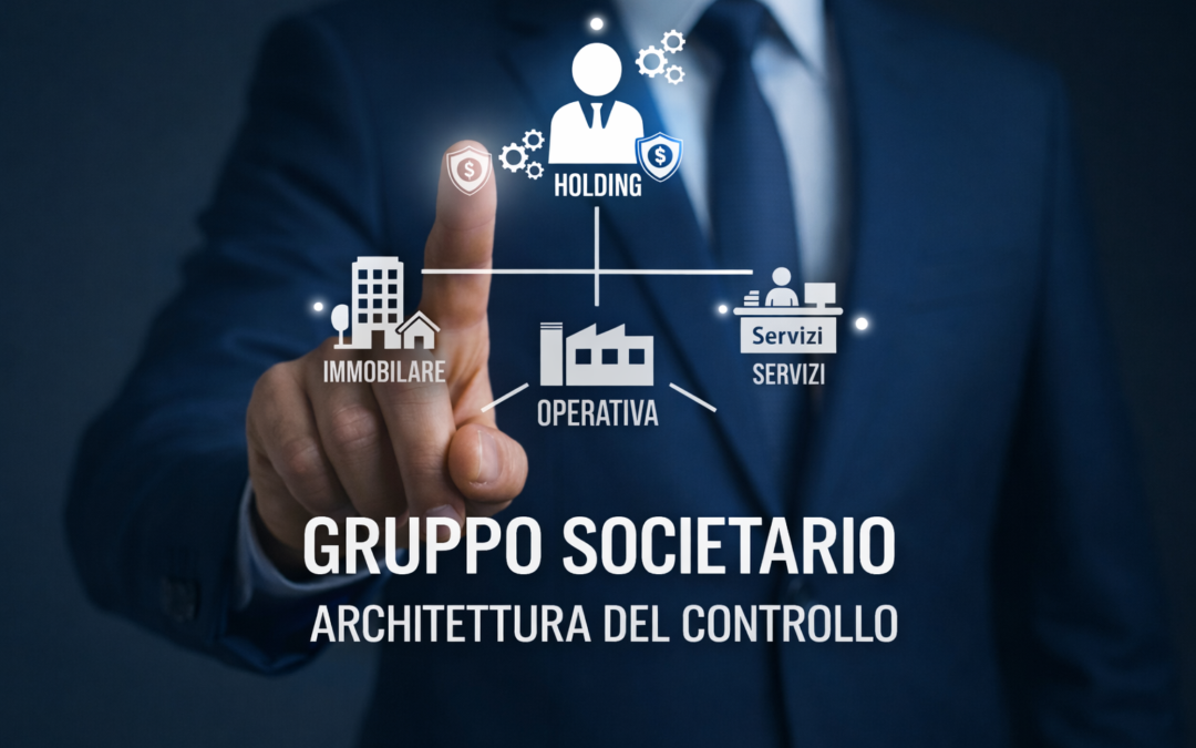 Schema di gruppo societario con Holding che controlla società operativa, immobiliare e servizi