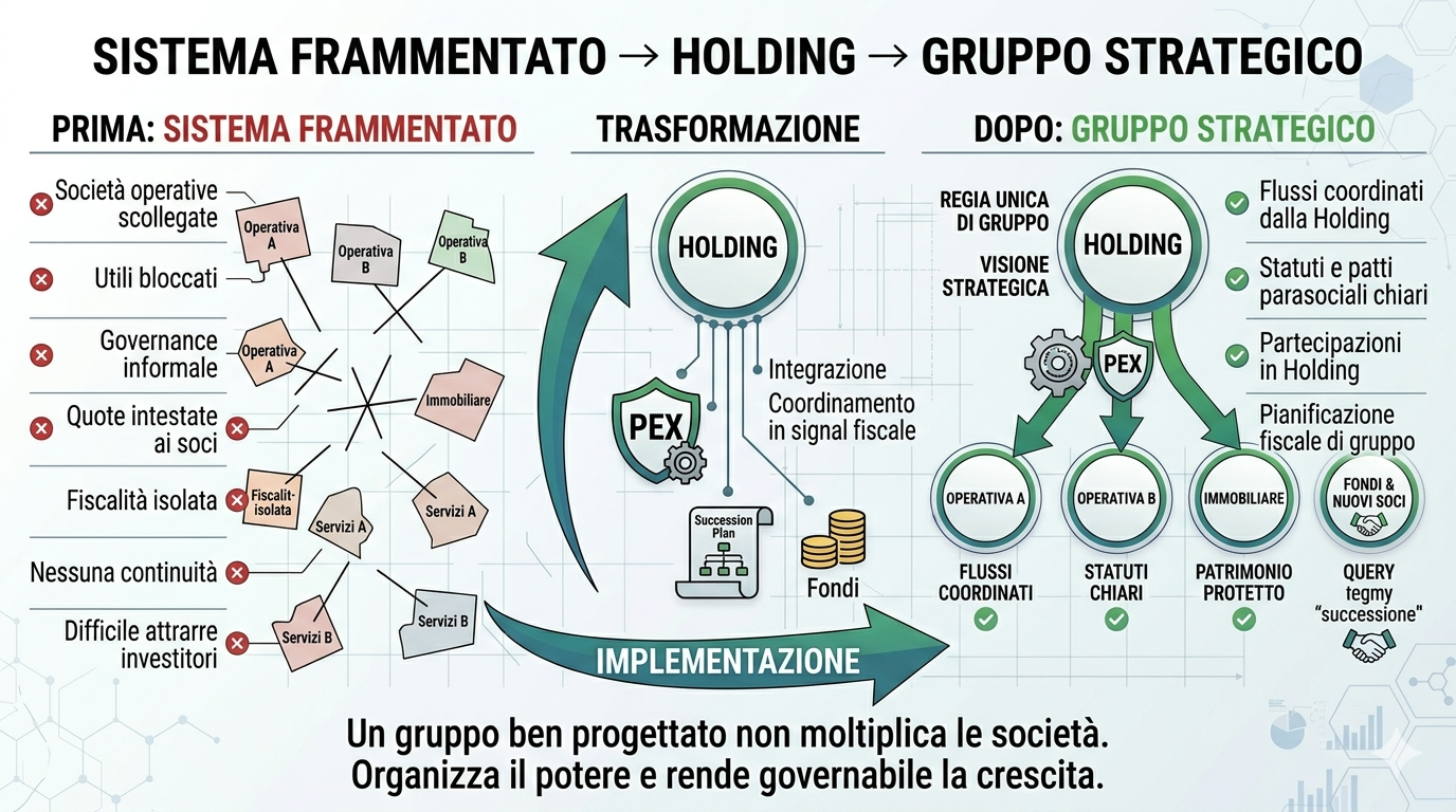 schema gruppo societario con holding capogruppo rispetto a sistema societario frammentato