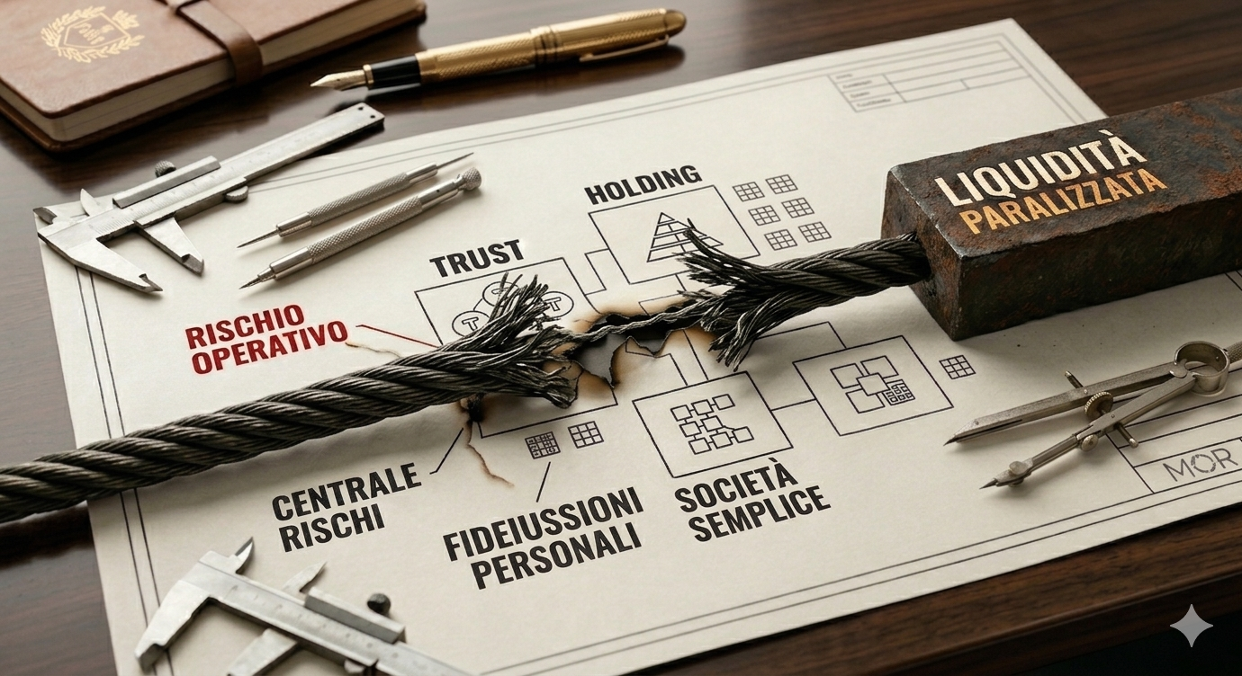 Architettura di protezione patrimoniale dell'imprenditore: il rischio operativo e la fideiussione personale bypassano la holding, il trust e la società semplice causando liquidità paralizzata.