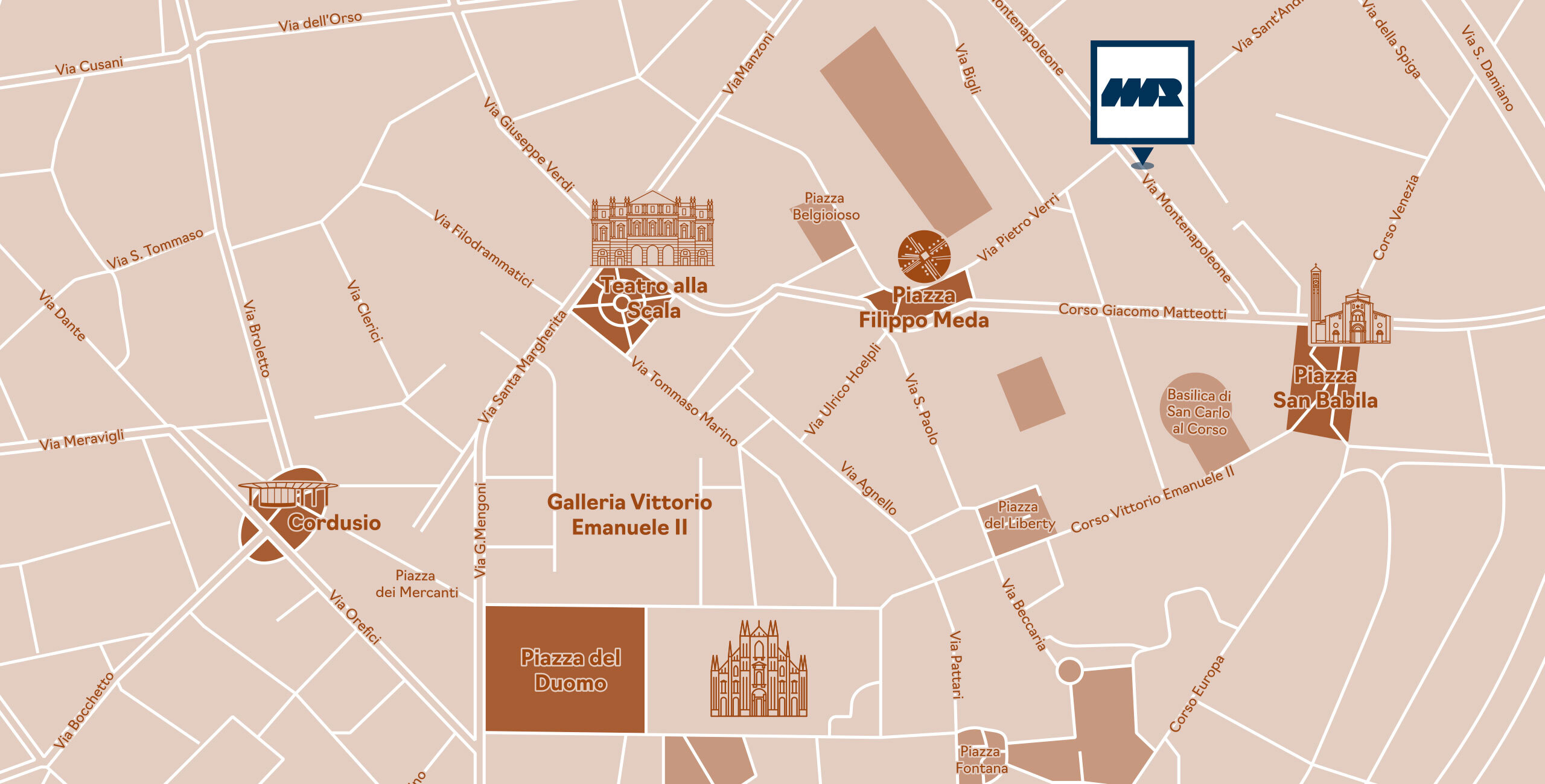 La mappa del centro di Milano che evidenzia la location dello studio di Matteo Rinaldi in via MonteNapoleone, di fianco a Piazza San Babila e Piazza Duomo